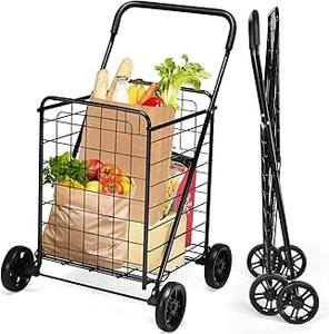 Chariot de courses pliable, capacité 100L, structure métallique robuste, 4 roues avec freins, 1 poignée, pour courses, linge, rangement, jardinage - Product Image 4