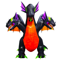 Dragon gonflable à deux têtes qui crache du feu avec squelette, éclairé par des LED, pour la décoration de jardin d'Halloween
