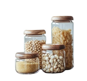 Commercio all'ingrosso 300ml 450ml di vetro da cucina ermetico contenitore per alimenti con coperchio in legno d'acacia rotondo barattolo di vetro trasparente - Product Image 1
