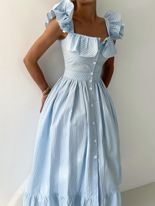 Robe longue décontractée rayée en coton pour femme, style vintage, nouvelle collection été 2026, avec cardigan boutonné, taille cintrée et manches volantées, col carré - Product Image 5