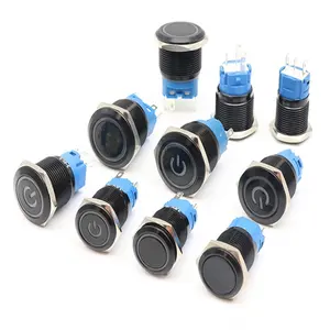 Black Push Button Switch 12/16/19/22mm Waterproof illuminated Led Light Metal Flat Momentary Switches with power mark 5V 12V 24V