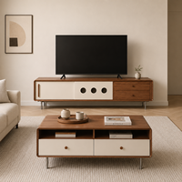 Ensemble table basse et meuble TV en marbre beige crème, structure en bois massif, écologique, durable, plateau surdimensionné, mobilier moderne pour salon