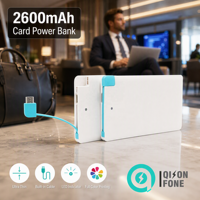 QSF 2600mAh Power Bank de taille carte de crédit ultra-mince, chargeur de téléphone avec câble Micro USB intégré, cadeau promotionnel, vente en gros personnalisée