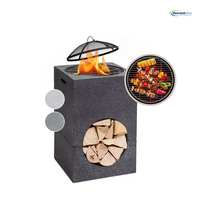 Brasero carré en acier robuste effet pierre avec rangement pour bois de chauffage, grille et pique-foyer pour patio extérieur, jardin et camping