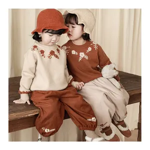 YOEHYAUL D1784 Velvet Vintage Embroidery Little Girl Winter Sweater Kids Knit Top Knitwear Infant sweater for children