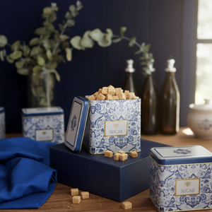 80x120x120 mm Rectangular Metal <b>Storage</b> <b>Box</b> with Slip Lid 1L Capacity Azulejo-Inspired <b>Blue</b> & White Decorative Pattern - Product Image 3