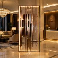 Paravent en acier inoxydable bronze brossé avec éclairage LED intégré, séparateur de pièce en treillis métallique, étanche, style Art Déco pour restaurant
