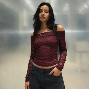 Camiseta Básica Pure Desire - Top de Manga Larga con Hombros Descubiertos para Mujer, Transpirable, con Cuello de Encaje, Corte Regular, para Combinar en Capas, Venta al Por Mayor - Product Image 3