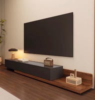 Meuble TV moderne en bois massif avec table basse intégrée, rangement à tiroirs, longueur réglable, trous pour câbles, multifonctionnel pour salon et salle à manger