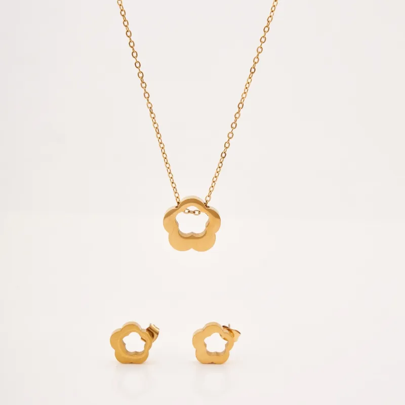 18K Gold Farbe 304 Edelstahl Blumenanhänger Halskette-Set klassischer Stil mit 2 Ohrringe für Parties Geschenke modischer Schmuck