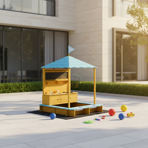 Boîte de jeu en bois pour garçons, <span class=keywords><strong>bac</strong></span> à <span class=keywords><strong>sable</strong></span> et parc aquatique, boîte de jeu DIY avec toit et cuisine à boue, rangement inclus - Product Image 3