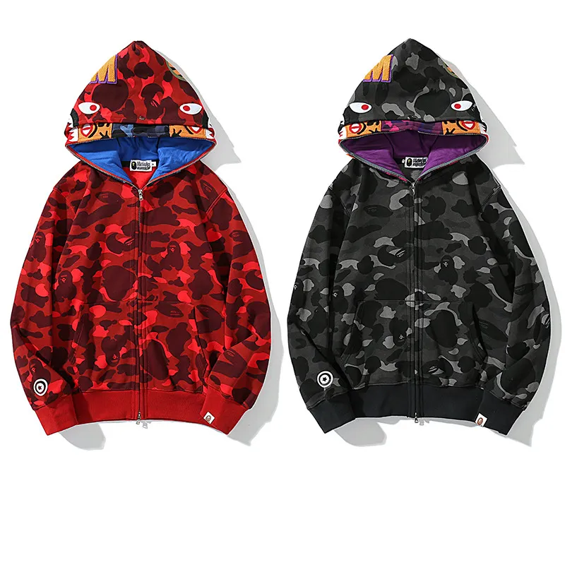Hot Sale New Product Plus Size Sweatshirts Full Face Zip Hoodie Bape Camo Shark Men's Hoodies Casual Hip Hop Double Hat Hoodie