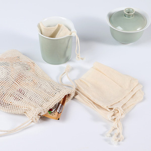 Sac en filet en coton naturel recyclé avec cordon de serrage et logo personnalisé, réutilisable, fabriqué en usine, sacs en filet pour fruits, sac en filet pour épicerie - Product Image 4