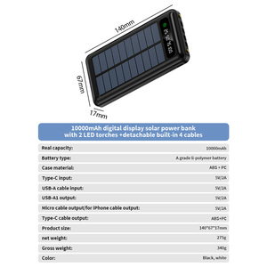 Banco de Energía Portátil Directo de Fábrica, Alta Capacidad 10000mah, Pantalla Digital, Cargador Solar con 4 Cables Integrados y Luz LED - Product Image 5