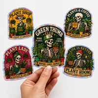 Stiker Hologram Custom Logo Green Thumb Club Skeleton Gardener, Stiker Anti Air untuk Pot Bunga