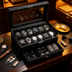 Caja Organizadora de Relojes Negra de Lujo con Tapa de Cristal Transparente, 12 Ranuras para Relojes, Almacenamiento en Cajón para Gafas, Joyas y Colección de Relojes - Product Image 3
