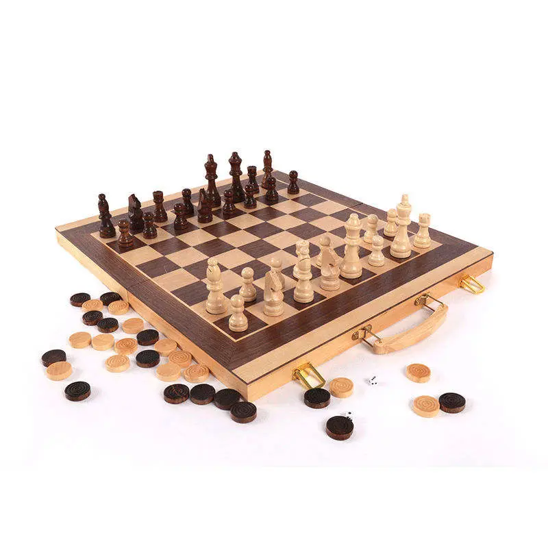卸売価格ピースチェスボードバックギャモンゲームボードセット高級ゲーム木製チェスセットハンドル付き