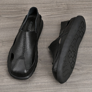 Aibois Men's Solid Leather Slides Open Toe Breathable Rubber Sole Genuine Leather Lining Casual <b>Sandals</b> - Product Image 1