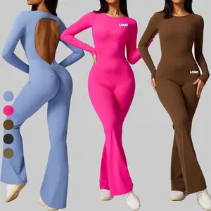 Individuelle Damen Überwurf Jumpsuits lange Ärmel offener Rücken Ausschnitt Sport Bodycon Strampler kräuseln Gesäß V Rücken Playsuit Fitness Fitness Fitnessbody