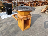 Barbecue au charbon en acier Corten patiné avec rangement pour bois, station de cuisson extérieure en acier vieilli pour patio et jardin