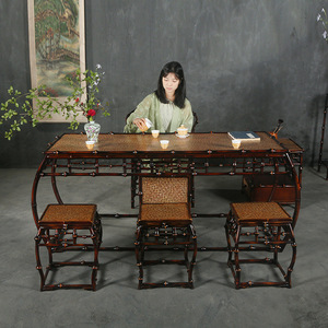 Chinese Bamboo Tea <b>Table</b> Set Ming Song Style Oblong Rattan Top 4 Seater Restaurant Furniture - Product Image 4