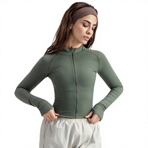 Women's Olive Green Full <b>Sleeve</b> Stand Neck Zipper Front Yoga <b>Top</b> Solid Color Seamless Active Sportswear <b>Long</b> <b>Sleeve</b> <b>Stretch</b> Fit - Product Image 1