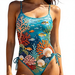 Maillot de bain entièrement orné de perles et de perles de rocaille, imprimé faune marine, maillot de bain entièrement brodé de perles - Product Image 2