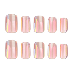 Ongles Courts Carrés Effet Miroir Rose Aurore Chromé, <span class=keywords><strong>Faux</strong></span> Ongles Holographiques Scintillants Nude, Design pour Doigts, Matériau PMMA, Couverture Complète - Product Image 3