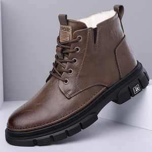 Bottes Martin pour hommes, hauteur cheville, bout rond, talon plat, doublure en fourrure, semelle extérieure en caoutchouc antidérapante, à lacets, chaussures d'hiver - Product Image 1