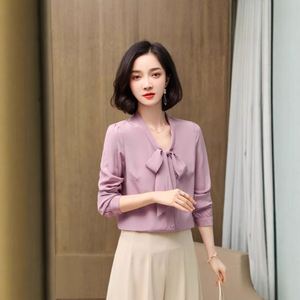 Haut décontracté en soie pour femmes, élégant et léger, à manches longues, amincissant les jeunes avec décoration de boutons, nouvelle chemise en soie lourde - Product Image 3