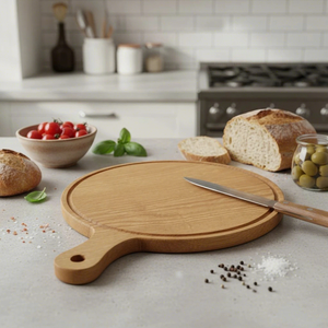 Planche à découper ronde en bois pour pizza avec poignée, planche de service, ustensiles de cuisine - Product Image 1