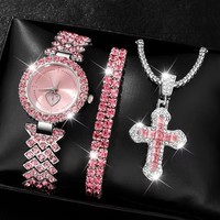 Ensemble 3 Pièces 2025 : Montre Rose, Collier Croix, Montre-Bracelet Strass, Montres Décontractées pour Femmes, Ensemble Bracelet