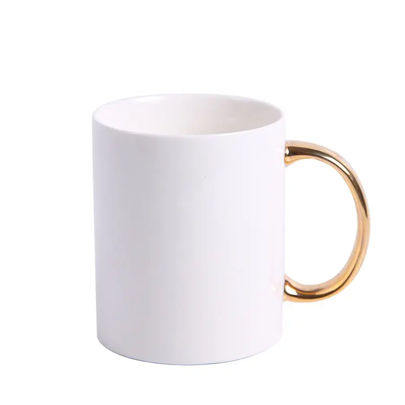 Tasse à café personnalisée 11oz Sublimation blanche ronde pleine tasse simple personnalisée en céramique or poignée tasse pour boire