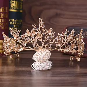ZGH1045 grosir aksesoris rambut pernikahan bunga dan capung mahkota emas mahkota pengantin berlian imitasi mahkota