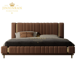 Mới nhất ý da nâu giường nhà thoải mái gỗ khung vàng giường biệt thự chủ hiện đại đơn giản phòng ngủ giường đôi - Product Image 6