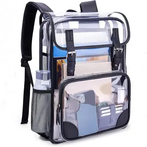 Clear Backpack Heavy Duty Thick PVC Transparent Backpack with Leather Trim Large Capacity See Through Backpack