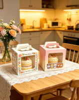 Boîte à gâteau pliable portable en carton blanc avec fenêtre et poignée, en matériaux recyclés écologiques, personnalisable avec logo, pour boulangerie et emballage de pain