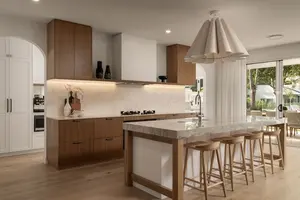 Customized Design White Oak Kitchen Cabinets With 2 Big Island Waterfall Design