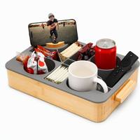 Plateau de canapé en bambou avec insert en silicone sans BPA, plateau à collation alimentaire sûr, support de téléphone, porte-tasse, fente pour télécommande, poignée, vente en gros OEM