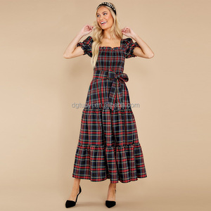 TUOYI New Arrival <strong>Woman</strong> Square Collar Short Sleeve Elegant <strong>Red</strong> <strong>Tartan</strong> Print Pleated Tiered Maxi <strong>Dress</strong> - Product Image 1