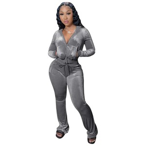 Ensemble de haute qualité pour femmes européennes et américaines, chemise décontractée en <span class=keywords><strong>velours</strong></span> uni avec col à nœud papillon et <span class=keywords><strong>pantalon</strong></span> large - Product Image 6