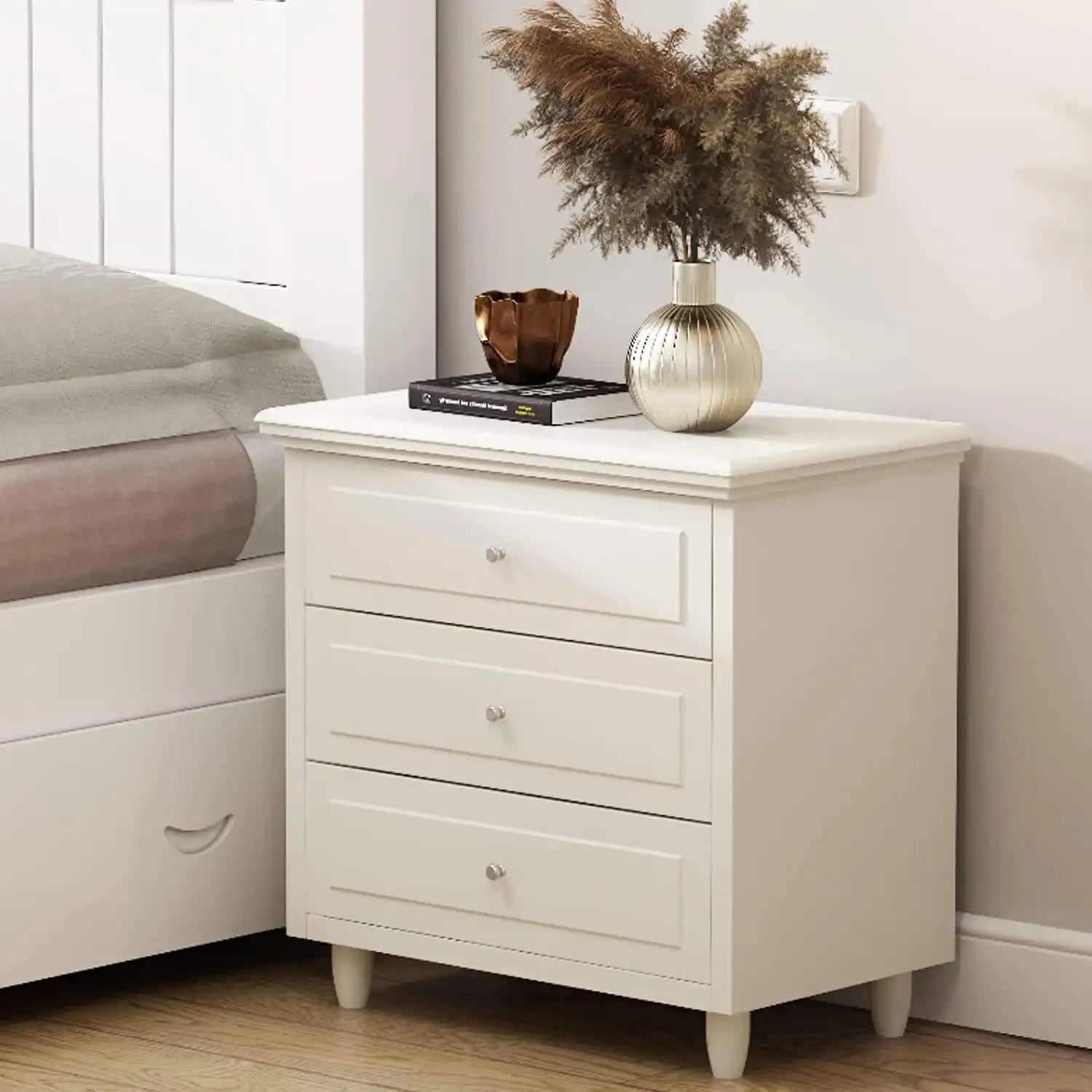 Basit MDF katı ahşap Rattan yatak odası mobilyası dayanıklı çekmece Dresser başucu masa sonu masa dolabı Modern ahşap gece standı