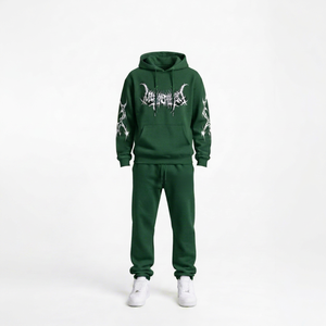 Survêtement vert à capuche pour homme avec imprimé gothique blanc, sweat-shirt et pantalon en coton à manches longues, streetwear, vêtements d'automne - Product Image 1