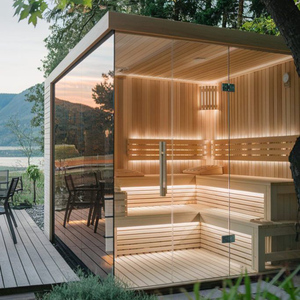 Modern Wood Outdoor Sauna Room 3-4 Person Dry Steam With Weatherproof Finish for Backyard Patio - Product Image 1