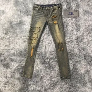 DENIMGUYS amerikan sokak stil erkek Vintage yıkanmış sıkıntılı sıska streç erkekler Denim kot pantolon yırtık