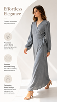 Robe longue décontractée pour femme, en mélange coton-lin, col en V, manches longues, avec ceinture à nouer, coupe trapèze, unie, style modeste musulman, idéale pour le bureau et le quotidien