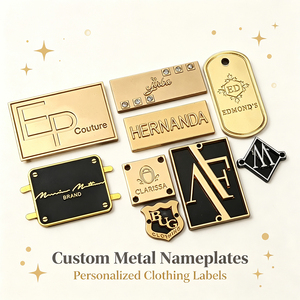 Étiquettes de vêtements personnalisées en métal plaqué, étiquettes de marque en relief personnalisées, plaques dorées et noires pour vêtements, sacs, chapeaux, accessoires - Product Image 1