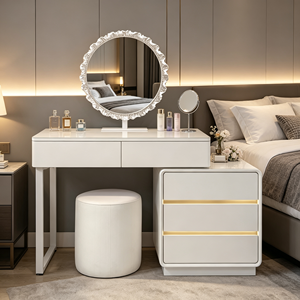 Moderno Set de Tocador Blanco con Espejo Redondo e Iluminación LED, Mesa de Maquillaje para Dormitorio con Cajones de Almacenamiento y Taburete - Product Image 6