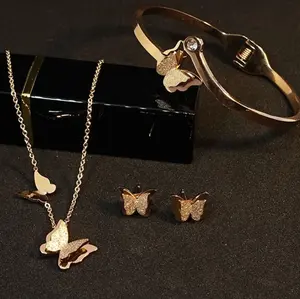 Ensemble de bijoux en acier inoxydable 316L de mode coréenne ensemble de boucles d'oreilles de bracelet de collier de papillon d'or rose