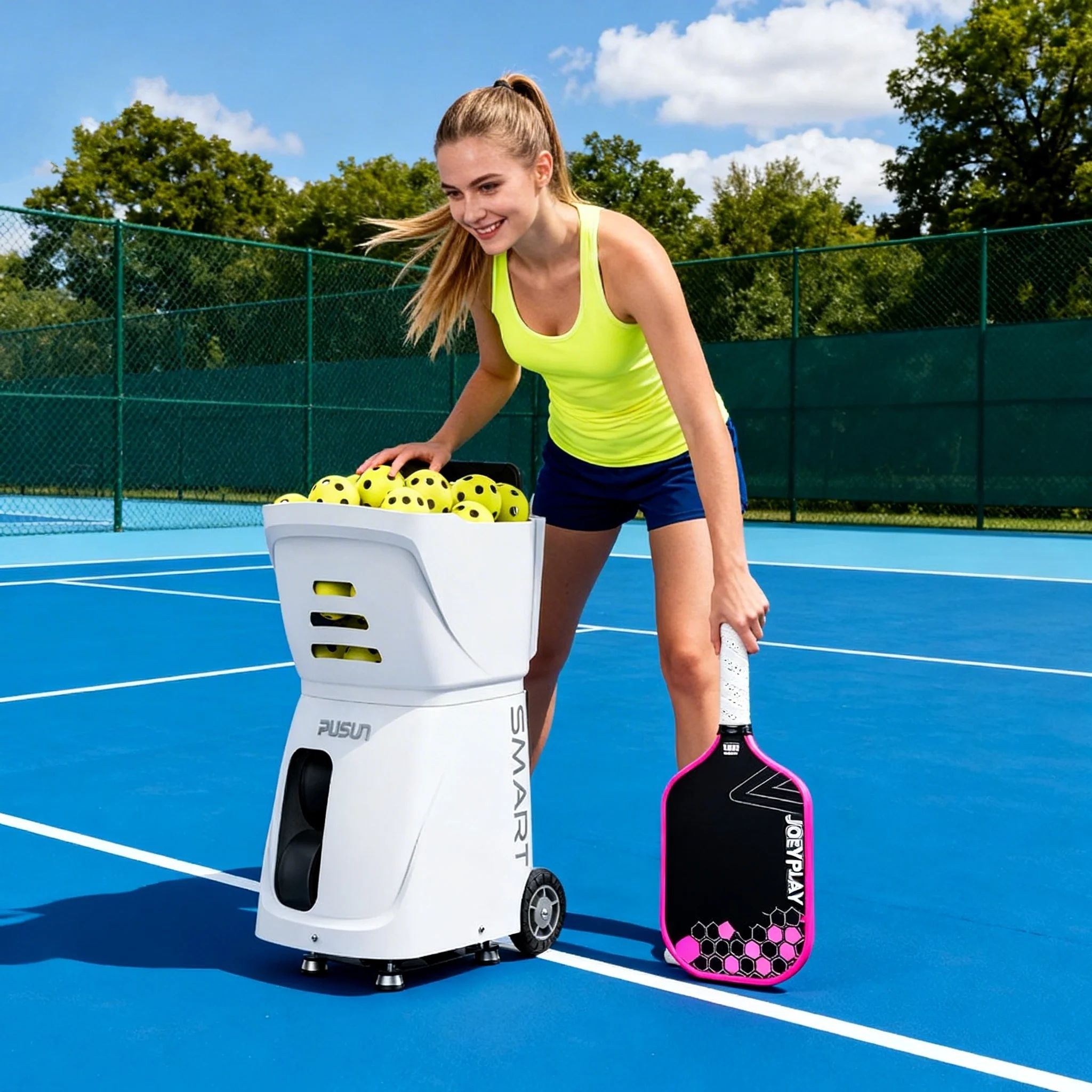 Premium Pickleball Serving Machine Dual-Control Via App&Remote 80 Balls 20 Landing Points Adjustable Angle Speed Spin Serve
